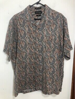 Paul Fredrick Mens Large Linen Shirt Short Sleeve Leaf Print Classic Fit Pocket